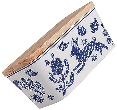 Burriera Portaburro in ceramica a motivi geometrici con coperchio e base in legno Portaburro Contenitore porta formaggio Vassoio for burro Scatole for burro Arredamento della cucina