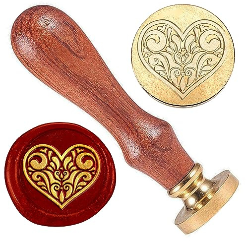 DELORIGIN Siegelstempel Mit Herz Wachs 25mm Wachssiegel Stempelkopf Aus Messing Mit Holzgriff Vintage Herz Wachsstempel Für Einladungskarten Geschenkverpackungen Umschläge Weinpaket Dekoration
