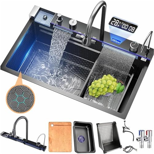 Küchenwaschbecken Deluxe Multifunktionale Edelstahlspüle Modernes Wasserfall Schwarze Spüle mit Digitale Wasserhähne, Tassenwaschanlage und Seifenspender （68 * 45cm）