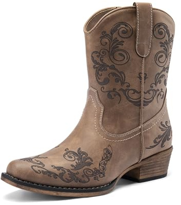 DREAM PAIRS Women's Cowboy Cowgirl Western Ankle Boots Low Chunky Heels Square Toe Fall Short Booties Shoes,Size 7,Brown,SDAB2407W