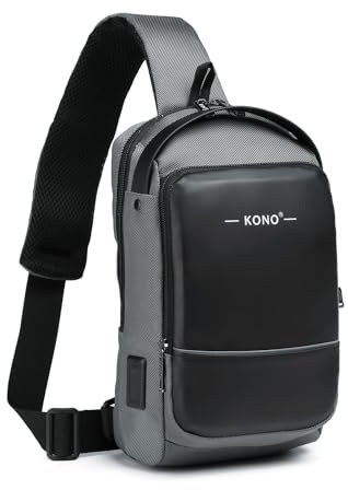 Kono Mochila Antirrobo tipo Bandolera, Bolsa Cruzada Resistente al Agua con Puerto de Carga USB, Bolsa de Pecho de Viaje de Moda para Hombres para Ciclismo, Camping y Caminata (Gris/Negro)