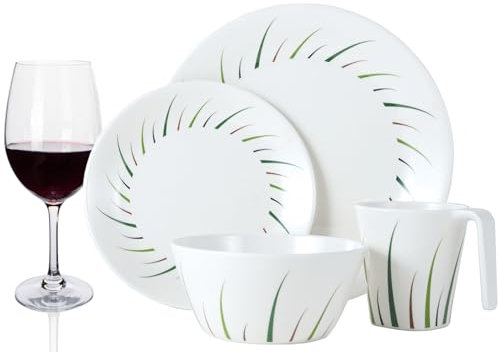 Set di stoviglie da campeggio in melamina per 4 persone, design limon + 4 bicchieri da vino rosso Tiamo