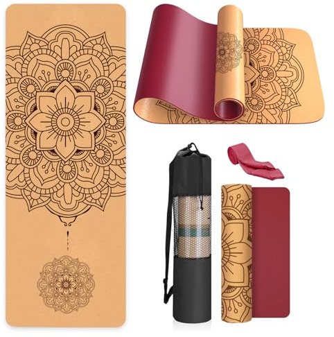 Haninj Tappetino da Yoga in Sughero Antiscivolo - Materassino Fitness per Sport Pilates Ginnastica183X61Cm con Tracolla e sacca,per Casa, Pilates, Aerobica, Palestra E Allenamento-Bordeaux-mandala