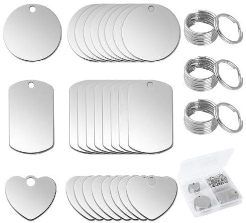 GHVACZS Lot de 24 Pendentifs en Acier Inoxydable - Rond/Rectangulaire/Cœur - Porte-clés Vierge - Étiquette pour Colliers, 30mm/40 x 24mm/22 x 20mm