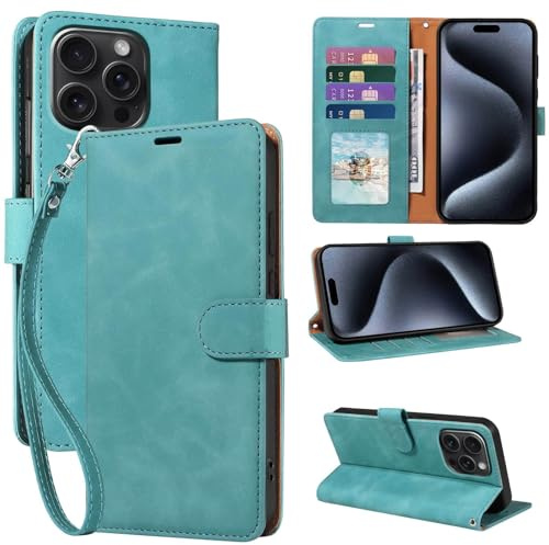 GOTOURED for iPhone 15 Pro Max Phone Case Wallet, RFID Blocking 4 Card Slots, Wrist Strap, Kickstand, Magnetic Closure, Shockproof Protective Soft Leather Flip Cover (Green)