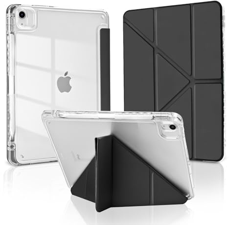 MuyDouxTech Coque pour iPad Air 11 M4/M3/M2 (2026/2025/2024), iPad Air 5/4 2022/2020 10,9 avec Porte-Stylet, Support Vertical et Horizontal (5 Angles Pliables), Étui Dos Transparent Antichoc, Noir