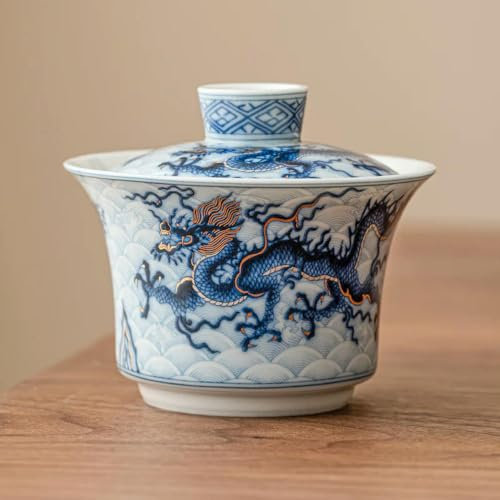 ROCILA Gaiwan Drago Cinese Singolo Set da tè in Ceramica Kungfu Ciotola per preparare Il tè zuppiera in Metallo intarsiato Blu e Bianco