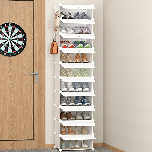 10-Tier Shoe Rack with Door and Hook, Shoe Storage for 20 Pairs, White | Dust-proof Tall and Narrow Shoe Rack, Free Standing Shoe Shelf, Space Saving for Entryway, Hallway and Closet