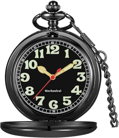 Tiong Herren Vintage Glatter Stahl Mechanische Taschenuhr mit Leuchtzifferblatt Mechanische Taschenuhren mit Kette für Männer, 36 - Schwarz, Klassisch