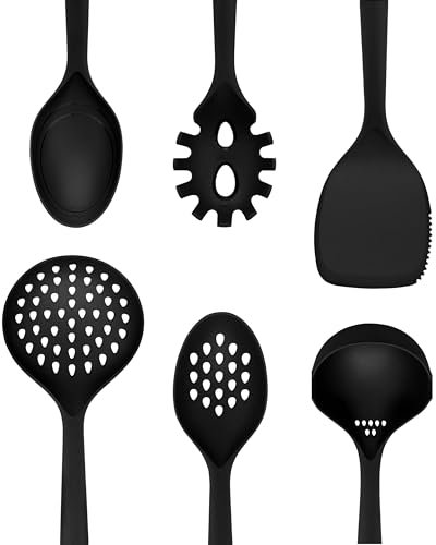Swan SWKA61011BLKN Stealth 6 Piece Kitchen Tool Set, Spaghetti Server, Solid Spoon, Slotted Spoon, Solid Turner, Ladle, Skimmer, Soft Touch Handles, Hanging Holes, Black