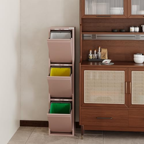 VEEHAUS Poubelle cuisine à rabats acier, 3 bacs, 15 L - 45 L, Rose