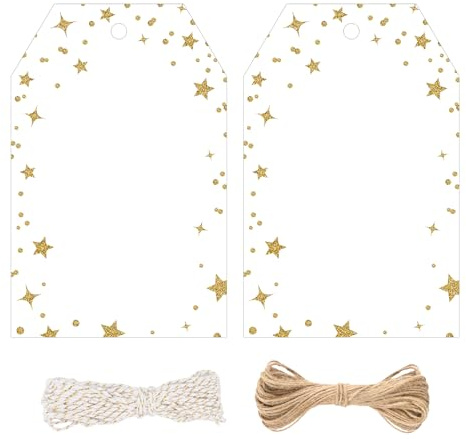jijAcraft Lot de 100 étiquettes cadeaux en papier avec étoile dorée pailletée, 8,5 x 5,5 cm, avec ficelle pour décoration, cadeau, bricolage