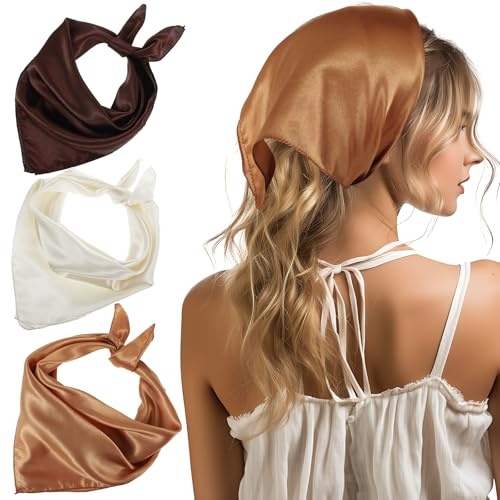 3 Pcs Satin Headband Scarf for Women Girls, Tie-Back Head Coverings, Vintage Boho Hair Bandana for Bag Clothes Decoration, Triangle Head Scarf for Commutes Dates Vacation (Coffee Taupe Beige)