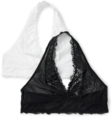 Amazon Essentials Damen Nicht gepolsterter, bügelloser Bralette Mit Tiefem V-Ausschnitt, Nackenhalter und Weicher Stretchspitze, 2er-Pack
