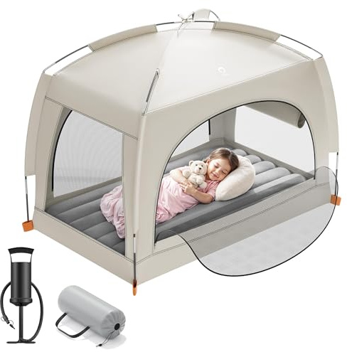 QPAU Inflatable Toddler Travel Bed with Tent – Lightweight Blow Up Kids Air Mattress with Hand Pump – Indoor & Outdoor Portable Sleeping Solution for Camping, Travel, Home, Grandma’s – Ages 3+