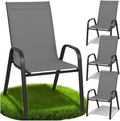 ZOLTA 4X Gartenstuhl Metall Grau – Outdoor Stuhl Balkon Terrasse – Textilen Stoff stapelbar – Gartenmöbel Set mit Armlehne – wetterfest UV-beständig – ergonomisch & bequem – max. 120 kg Belastung