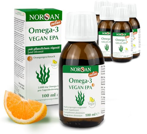 NORSAN VEGAN EPA Algenöl - 2.000 mg Omega 3 Öl hochdosiert - 6x 100ml vegan | pflanzliches Omega-3 Öl mit 1.104 mg EPA und 770 mg DHA pro Portion - mit Vitamin D3 (800 I.E) - mit Orangengeschmack