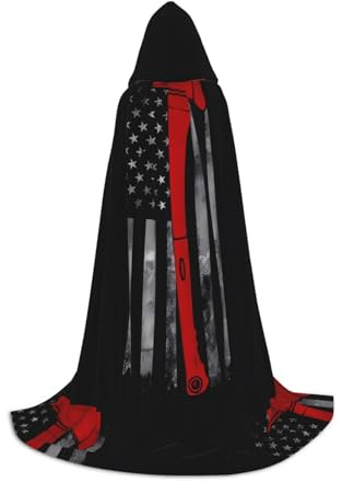 PHAYAH Poncho con capucha unisex con diseño de bandera de línea roja de hacha de bombero, para cosplay, Halloween, fiesta de máscaras, talla S