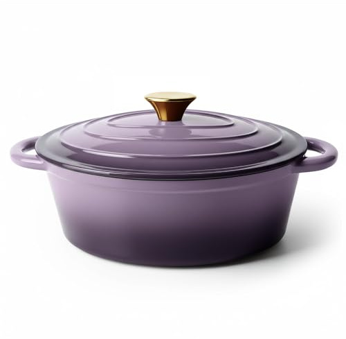Vintage Style Oval Dutch Oven for Bread Baking, 4.5 Quart Non Stick Enameled Cast Iron Dutch Oven Pot with Lid, Oven Safe Oval Casserole with Lid up to 500°F for Baking, Braising, Stews, Roasting, Purple
