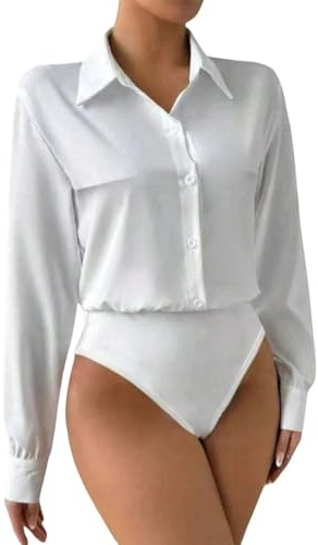 GORGLITTER Dambody, elegant blusbody, långärmad bodysuit med knapp, bodyskjorta, nedvikbar krage, kontor, bodys, enfärgad blus, skjorta, affärskläder, Vit, M