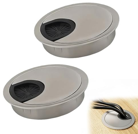 2 Pack 60mm Desk Cable Grommet Kit – Zinc Alloy Desk Hole Covers, Computer Desktop Grommets Cable Organizer for Home Office – Brushed Silver Round Desk Wire Hole Cover