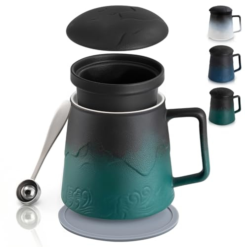 PluieSoleil Tea Infuser Mug with Lid Porcelain Tea Mug, Loose Leaf Tea Cup Handmade Forest Green 500ML