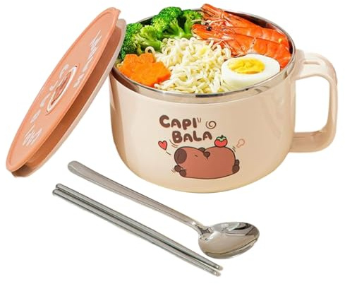 Comebachome 2 cuencos de fideos instantáneos con asa, 800 ml Capybara Instant Ramen Bowl con tapa y vajilla de acero inoxidable 316 para sopa, fideos, decoración del hogar