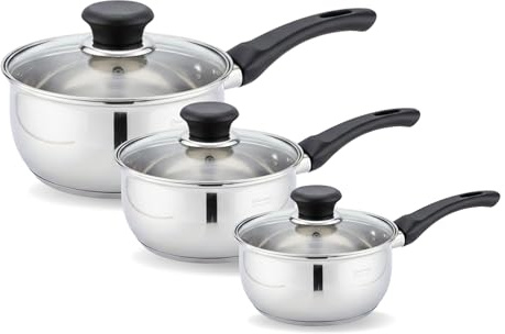 Saucepan Set of 6 Piece – 16/18/20 cm Stainless Steel Pots with Tempered Glass Lids, Durable Mirror Finish, Even Heat Distribution, Microwave & Dishwasher Safe, Oven Safe Cookware
