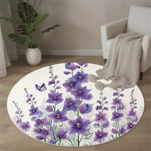 Pied-D'Alouette Et Papillon Tapis Rond 90 Cm Flanelle Douce Tapis Circulaire Convient pour Le Salon, La Chambre, Cuisine, Bureau, Couloir Imprimé Floral Simple Antidérapant Lavable (Violet)