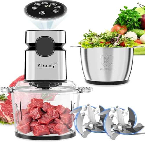 Picadora Eléctrica con pantalla LED, Máquina picadora eléctrica de alimentos de 3 velocidades con 2 tazones y 2 juegos de cuchillas binivel, 400 W, para carne, verduras, frutas y frutos secos (CU1)