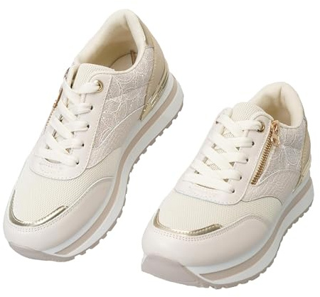 JOMIX Scarpe Donna con Lacci e Zeppa Plateau Sneakers Sportive Leggere Traspiranti Antiscivolo Casual per Corsa Camminata Fitness Yoga Outdoor Palestra Outdoor Jogging (BEIG,39)