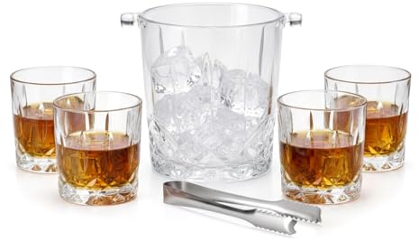 GEEZY 6 Piece Whiskey Glasses Set with Ice Bucket & Tongs - 4 Crystal Style Drinking Glasses for Gin, Vodka, Rum - 340ml Dishwasher Safe Tumbler Glassware for Men