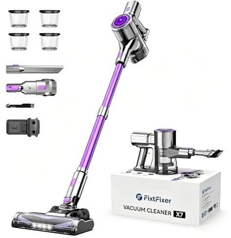 FixtFixer Akku Staubsauger, 60KPA/400W Kabelloser Staubsauger mit LED-Display, Anti-Tangle-Bürste, Wandladestation, 4 HEPA-Filter, Staubsauger für Tierhaare/Teppiche/Hartböden
