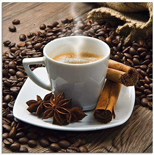 ARTland Wanddeko Glasbilder Wandbild Glas Bild einteilig Quadratisch Kaffee Cafe Coffee Kaffeetasse Kaffeebohnen Zimt Espresso S6BQ