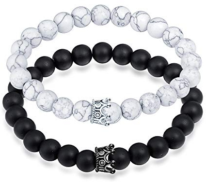 MicVivien Bracelet Couronne en Onyx Noir et Perles Howlith Blanches, Bracelet Partenaire avec Couronne King & Queen Distance Paire de Bracelets Couple pour Femme Homme