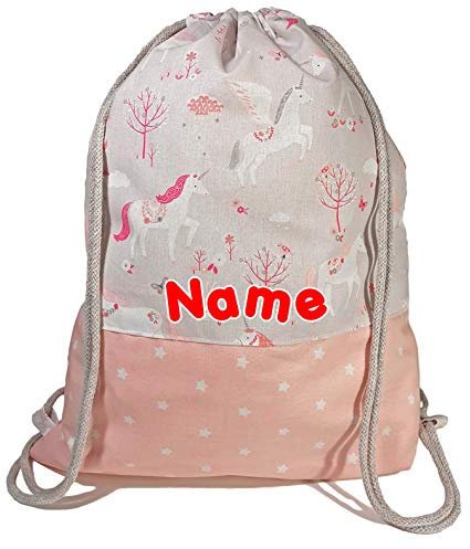 la.nunu Turnbeutel mit Wunschnamen für Mädchen - Einhörner Rosa Klein - Handarbeit - Rucksack Namen Kinder Kindergarten Schule Kita
