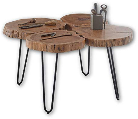 COLE MINI Couchtisch Baumscheibe Akazie Massivholz 78 x 56 x 72 cm (B/H/T) | Sofatisch für das Wohnzimmer, massives Akazienholz lackiert, schwarzes Metallgestell, Industrial Look, Style
