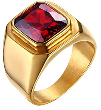 HIJONES Anello da Uomo in Pietra in Acciaio Inossidabile Placcato in Oro Nero con Zirconi Quadrati Grandi Vintage Rosso Misura 29