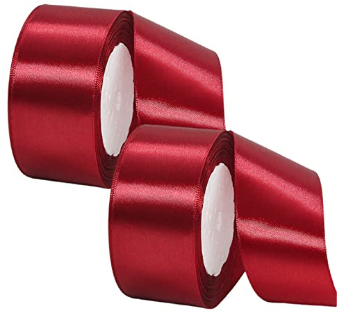 2 rullar tjockt vinrött band 40 mm för presentförpackning 22 m, dubbelsidigt 40 mm brett vinrött satinband för hantverk kakband, hårrosett, buketter, juldekoration, bröllop bilband