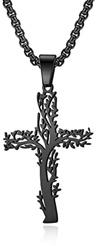 NEHZUS Lebensbaum-Kreuz-Halskette für Herren, Silber, Schwarz, Gold, Edelstahl, Kreuz-Anhänger, Halskette für Männer, 55 cm