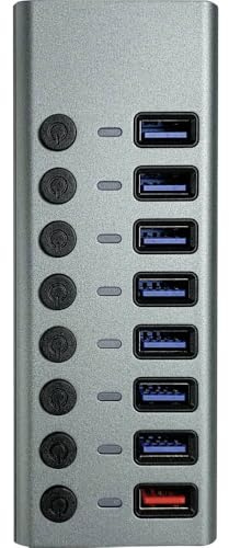 MaxTrack USB 3.0 Hub CH11L - USB 3.0 Hub mit 7 USB Ports, 1 Ladeport für Mobilgeräte, USB Hub mit Netzteil, 5 Gbps, USB Hub Aktiv, 2,4A Ladestation, Einzeln Schaltbar