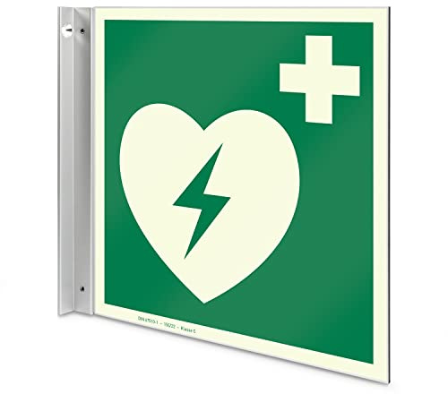 Betriebsausstattung24 Defibrillator Fahnenschild - Aluverbundplatte | langnachleuchtend - 20,0 x 21,50 cm - Zur Wandbefestigung