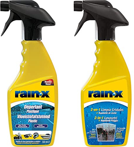 Rain-X Rain off Tergicristallo Scooter, Trattamento per Parabrezza in Plastica, Pulitore Casco Moto, Vetri Nave 500ml & Lavavetri Auto Spray 2-in-1 con Protezione Antipioggia 500ml