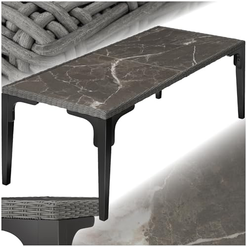 tectake® Tavolo da Esterno in Rattan, Tavolo da Giardino con Intreccio Pregiato, Tavolino Salotto con Telaio in Alluminio e Legno Massiccio, 2 Lastre in Gres Porcellanato - Grigio