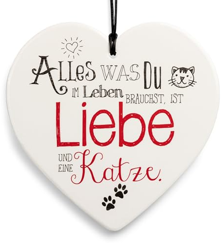 SIKORA Geschenk Herz aus weißem Steingut mit liebevollen Botschaften für jeden Anlass, Farbe/Modell:PH02 - für Katzenfreunde - du brauchst nur Liebe und eine Katze