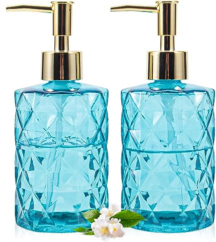 GOYISEE Glas-Seifenspender – 2 Stück, 340 ml, Diamant-Design, nachfüllbarer Handseifenspender, Mundspül- und Lotionspender für Küche, Bad (blau)