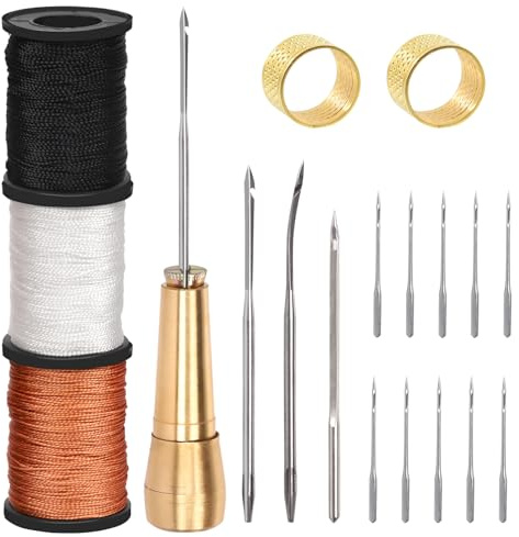 Wokape 19Pcs Canvas Leder Nähen Awl Nadeln Sortiment Kit enthält gerade und gebogene Nadeln, 3-Farben 50m gewachste Nylonschnur Faden mit Spulen, Kupfergriff, Fingerhut für DIY, Lederreparatur