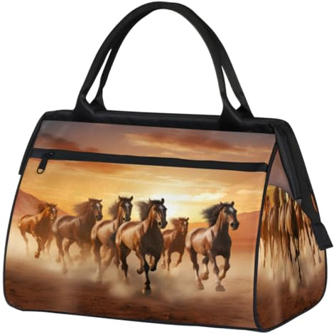 Animal Running Horses Gym Bag for Women Men, Travel Sports Duffel Bag with Trolley Sleeve, Waterproof Sports Gym Bag Weekender Overnight Bag Carry On Tote Bag for Travel Gym Sport