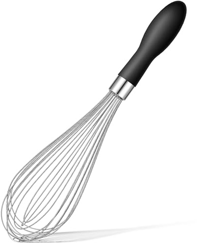 Rainspire 12-Inch Wire Whisk Stainless Steel, Balloon Whisks for Cooking, Wisk Wisking Tool With Soft Silicone Handle, Thick Durable Whisker for Blending, Beating, Whisking, Stirring, Black
