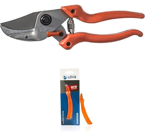 Original LÖWE 8 Set bestehend aus Amboss-Schere 8.104 mit Bypass Geometrie für Forst, Obstbau, Garten und Weinbau & Klingenschärfer 0022 für Gartenscheren und Industriescheren